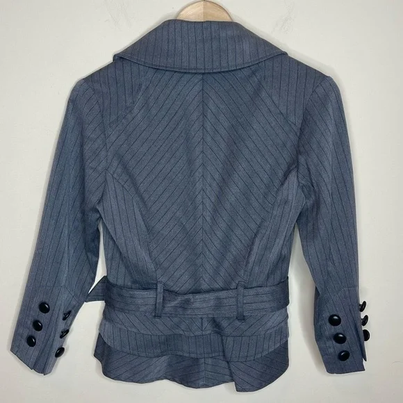 𝅺BISOU bisou michele bohbot 3/4 sleeve gray striped suit belted jacket - Picture 2 of 6
